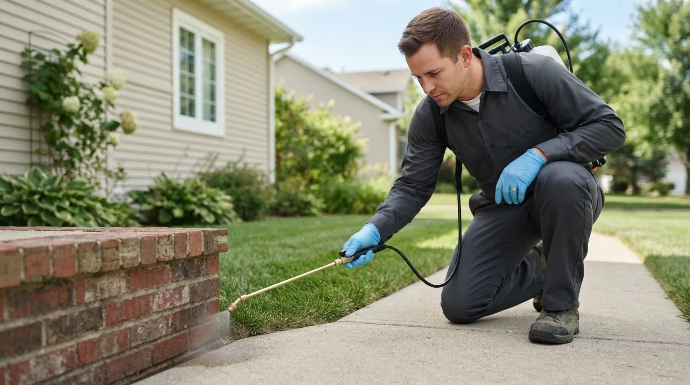 Pest control technician treating a home near Burton, TX