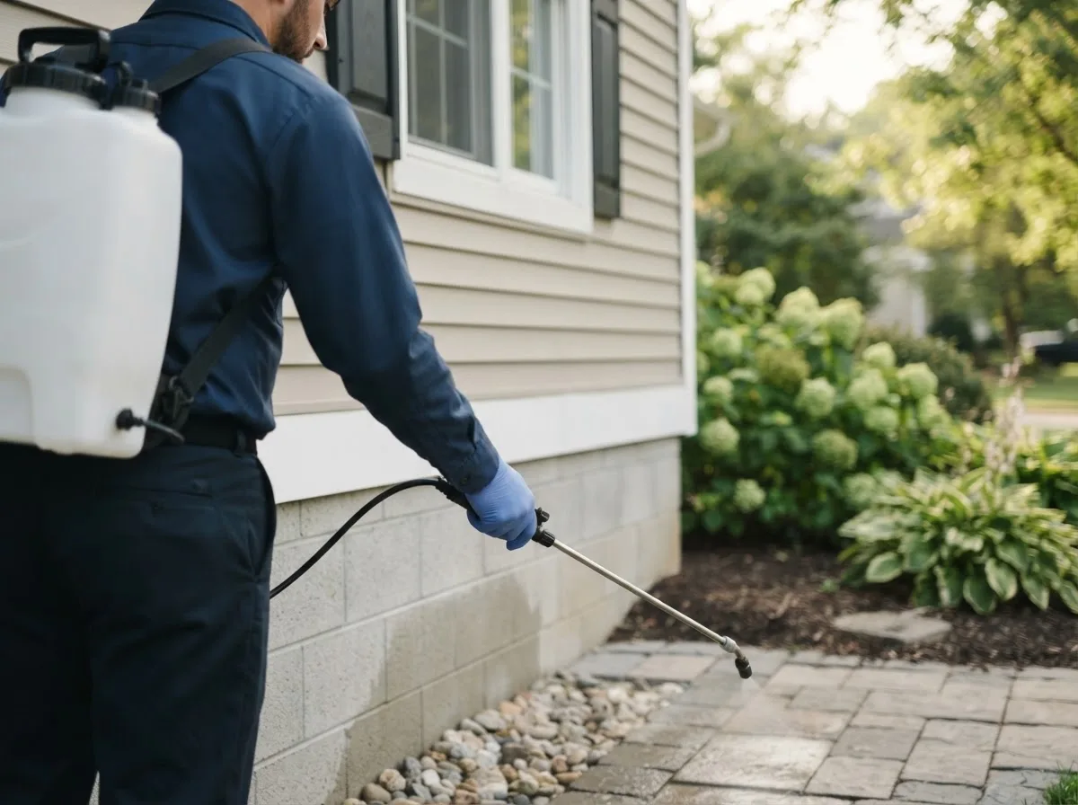 Pest control technician inspecting a home in Burton, TX
